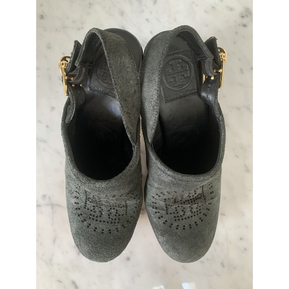 Tory Burch Blue Suede Sz 8 Logo Studded Slingback Wooden Heels Clogs - Picture 4 of 8